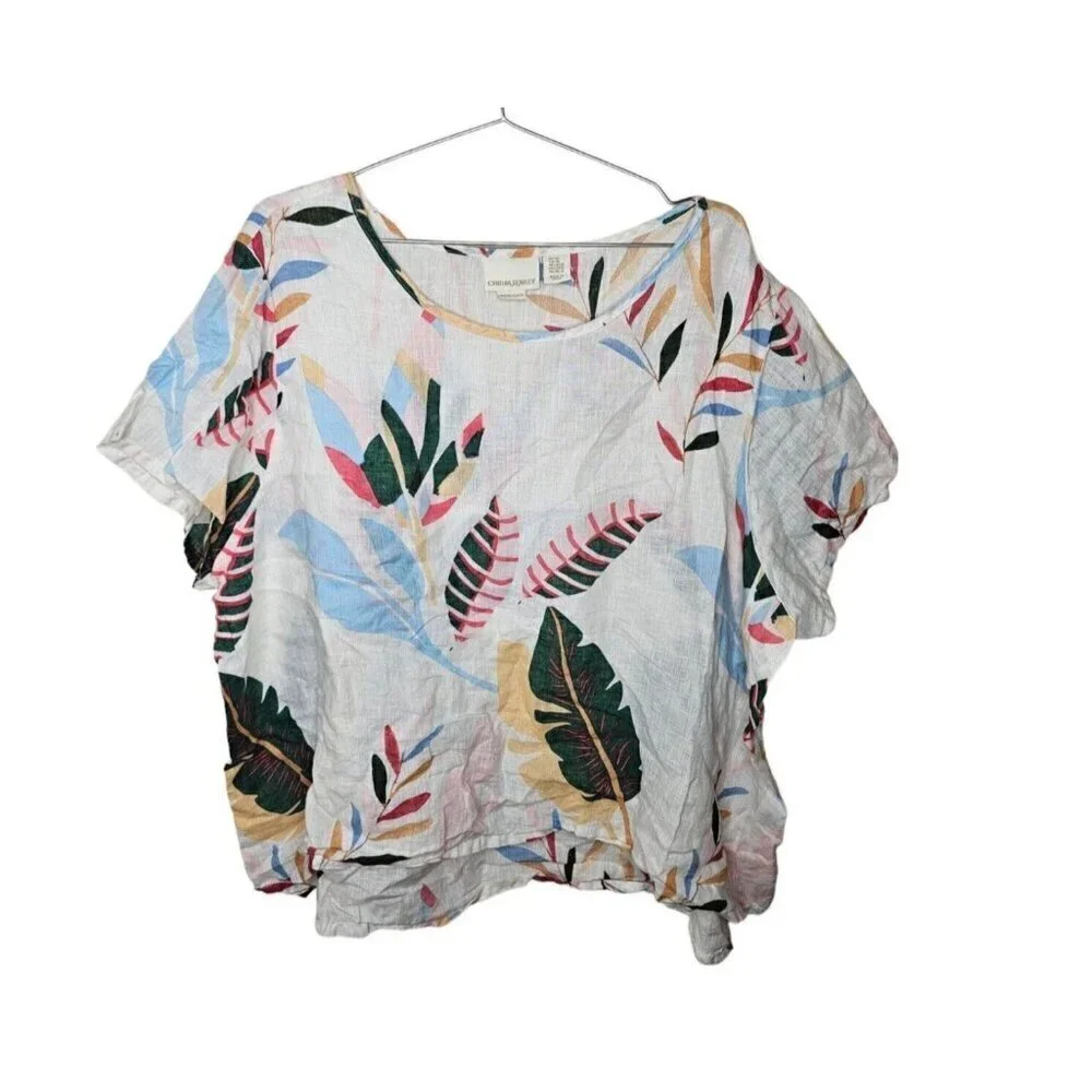 Cynthia Rowley Plus 3X Linen Blouse Top White Floral Leaf Print Tunic - Picture 2 of 8